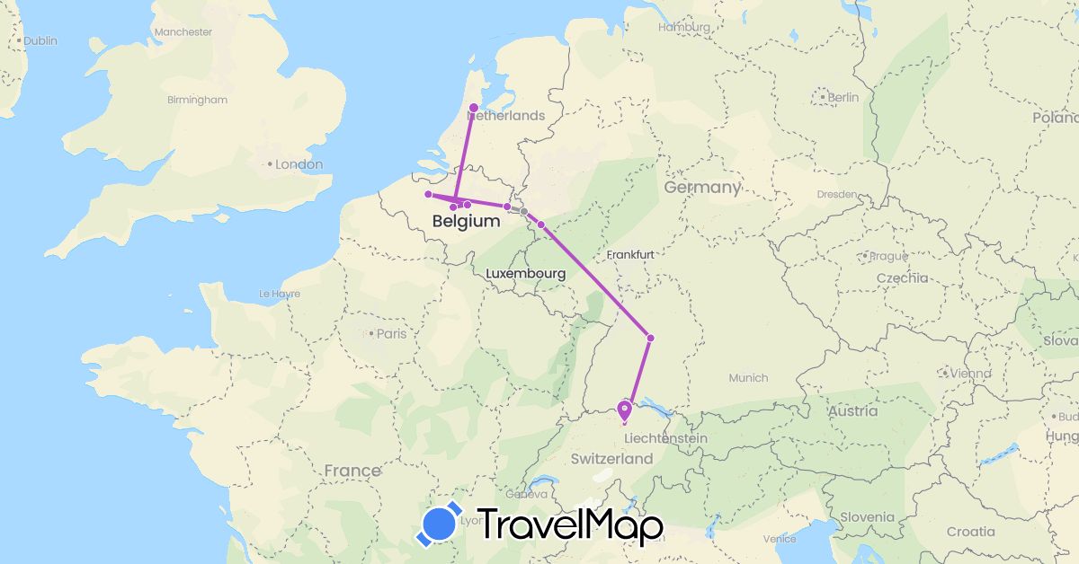 TravelMap itinerary: driving, plane, train in Belgium, Switzerland, Germany, Netherlands (Europe)